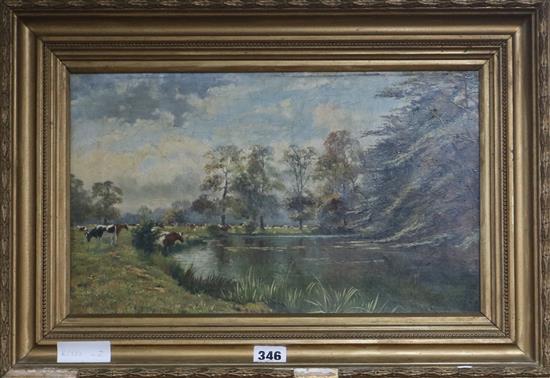 William Josiah Redworth (1873-1947) oil on canvas, cattle watering, 24 x 39cm